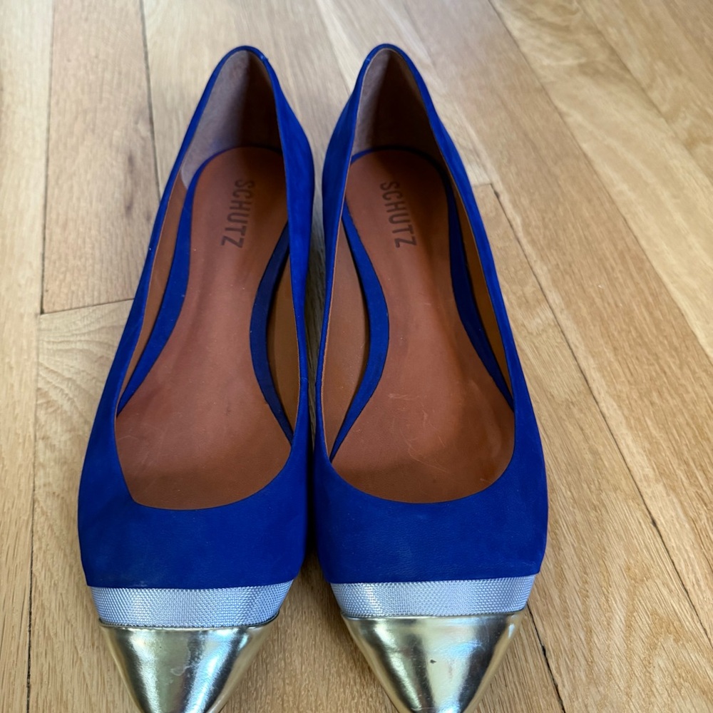 SCHUTZ Royal Blue Suede Flats with Gold Toe Cap/Silver band.